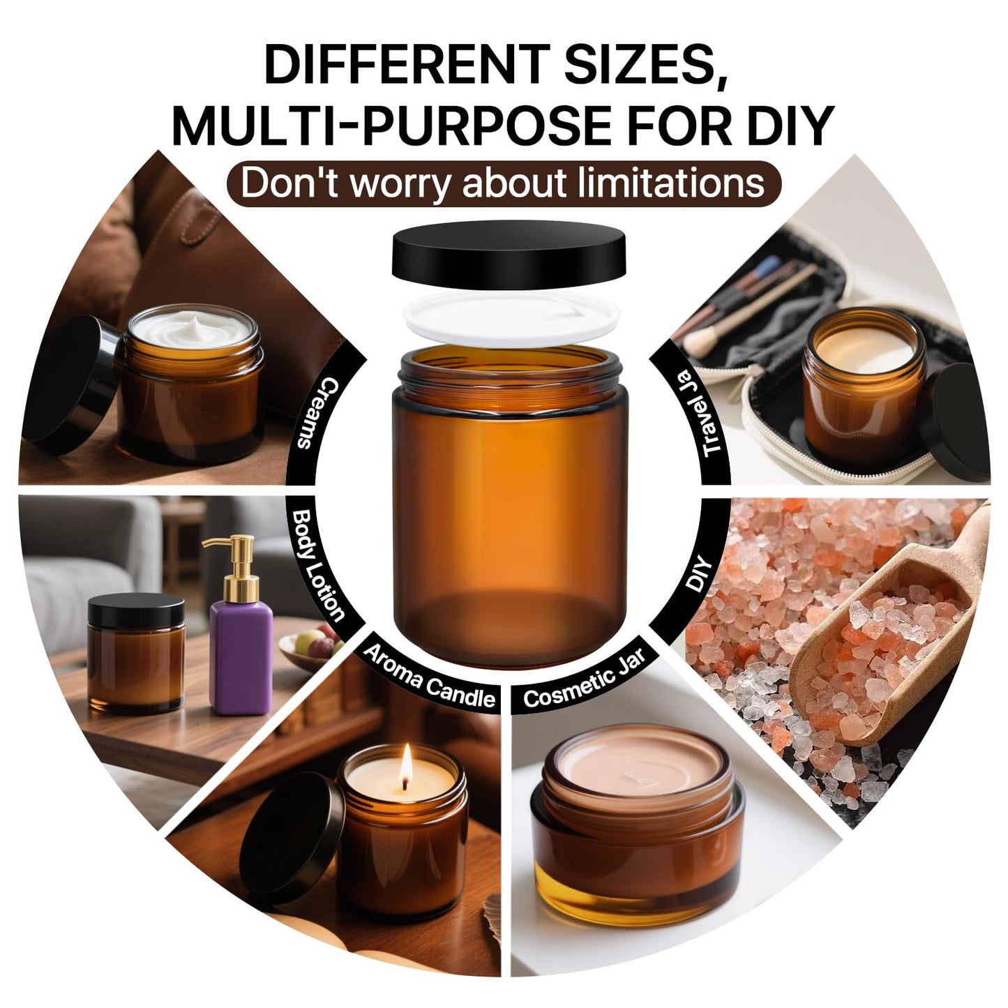 Amber Glass Jars with Lids, 8oz 4oz 2oz 1oz Glass Cosmetic Jars with Inner Liners, Labels & Spatulas, Reusable Lotion Containers for Creams, Body Butter, Scrubs, DIY Cosmetics – 16 Pack