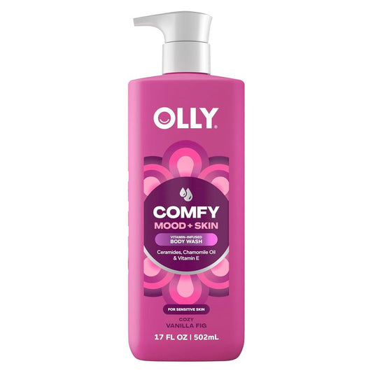 OLLY Body Wash - Comfy Mood Hydrating Formula with Ceramides, Chamomile Oil & Vitamin E | Cozy Vanilla & Fig Scent, 17 Fl Oz