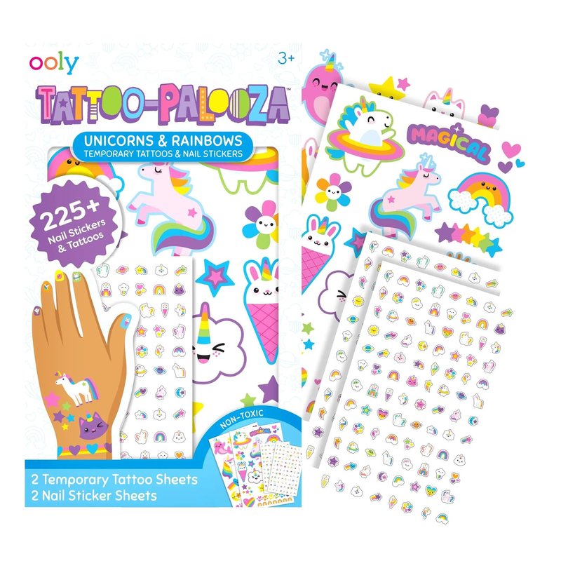 Ooly Set of 35 Unicorn & Rainbow Temporary Tattoos and 192 Nail Stickers for Kids, Non-Toxic, Safe Kids Tattoos, Party Favors, Goodie Bag Stuffers, Birthday Decorations for Girls Ages +3