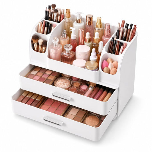 Makeup Organizer with 2 Drawers, Cosmetic Display Case, Storage Holder for Vanity, Bathroom Counter, Desk, Beauty Supplies (All White)
