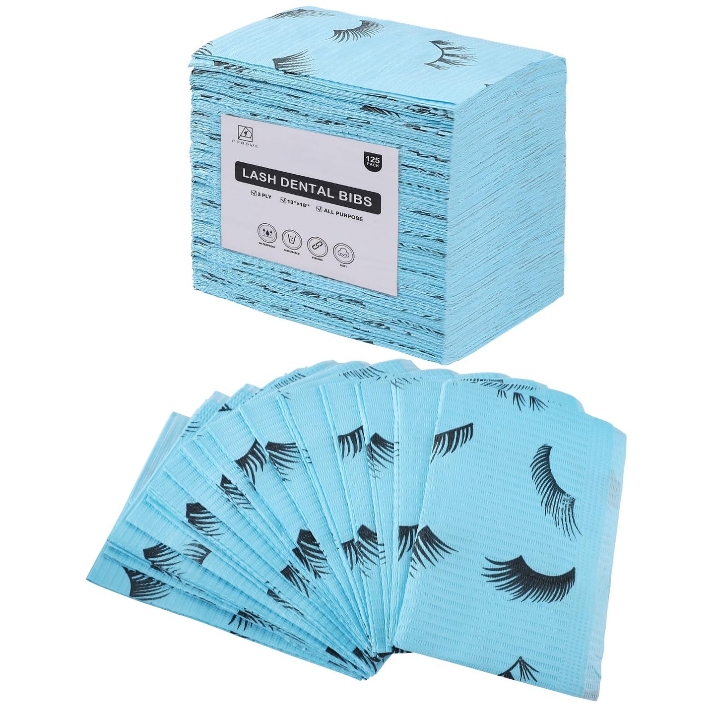 PRASNE Lashing Dental Bibs Disposable Pack of 125, Lash Pillow Cover of Lash Supplies, Blue 3-Ply Paper Poly Waterproof Towels, 13” x 18”, Black Eyelash Printed
