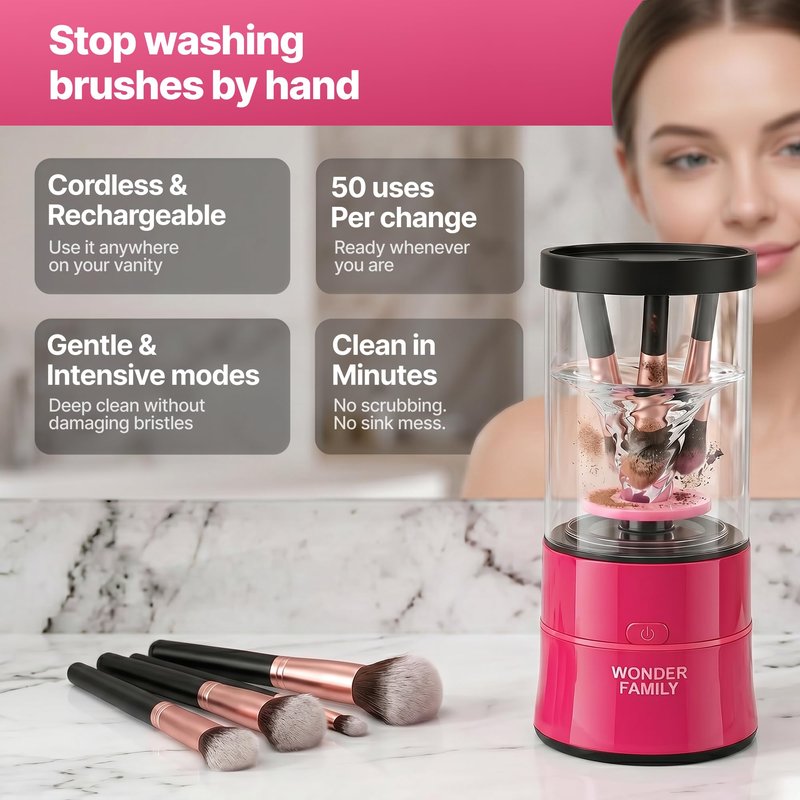 Electric Makeup Brush Cleaner – Automatic Brush Washer for Brushes & Sponges, USB Rechargeable Cleaning Machine with Silicone Disk, Portable Holder Stand (Pink) (Pink)