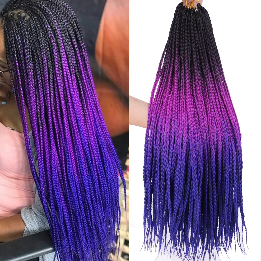 8 Packs Goddess Crochet Box Braids Hair 24Inch Pre looped Box Braids Crochet Hair for Black Women Ombre Purple Blue Striaght Knotless Box Braided Freetress Braiding Hair(Black/Purple/Blue#)