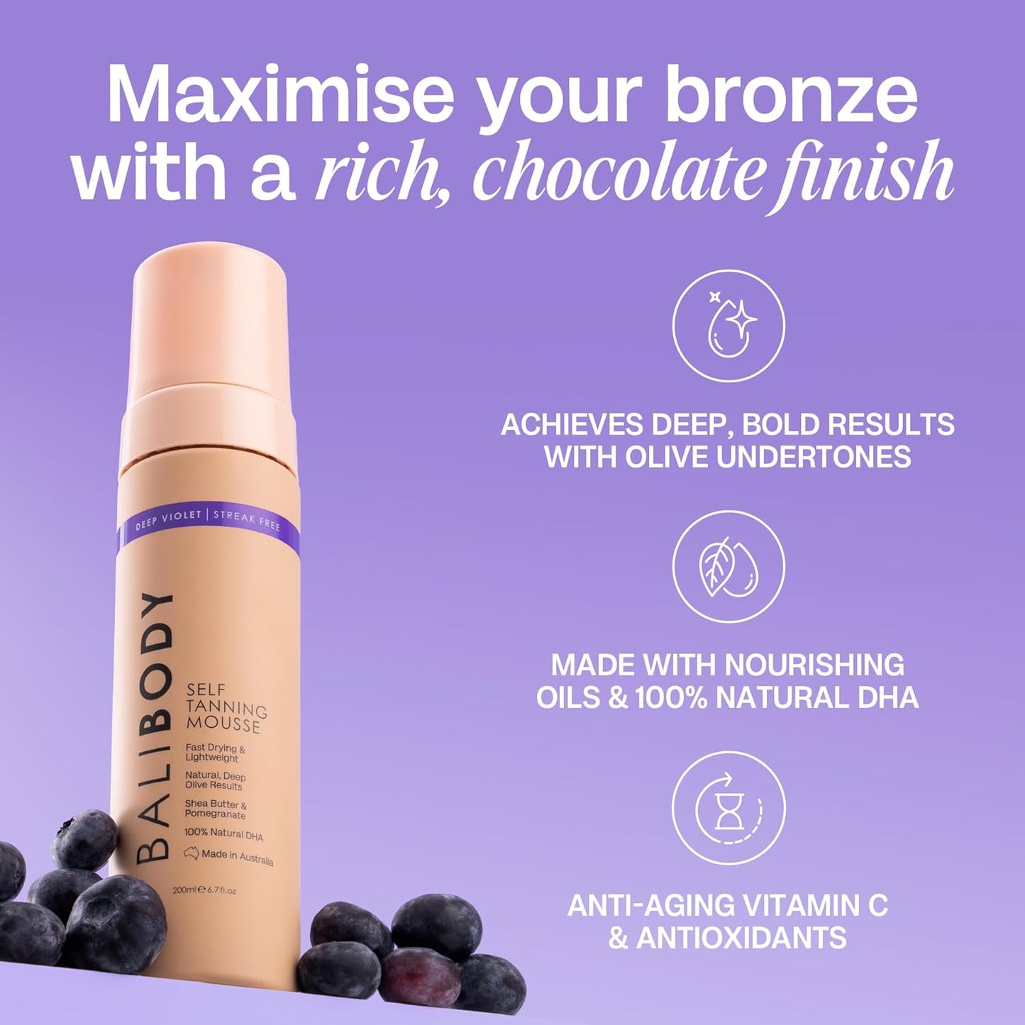 Bali Body Self Tanning Mousse - Deep Violet Formula for Dark Tan | Hydrating & Sensitive Skin - 200ml / 6.7fl oz