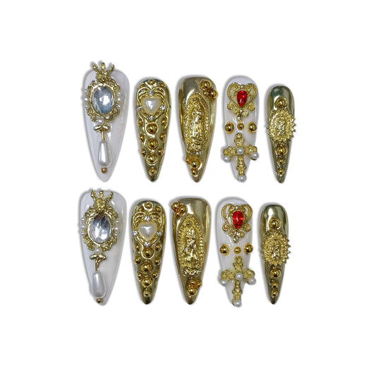 TENPAL 10Pcs Handmade Royal Press On Nails With Tools,Metallic Gold Long Stiletto Fake Nails with Pearl & Celestial Charms Designs,Sculpted 3D Baroque Acrylic Glue on Nails for Wedding Gothic Ball(L)