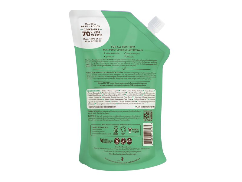 BABO Botanicals Eucalyptus Remedy 2-in-1 Bubble Bath & Wash - Invigorating Eucalyptus, Rosemary & Peppermint - for All Ages - EWG Verified - Vegan - 30 fl oz Refill Pouch