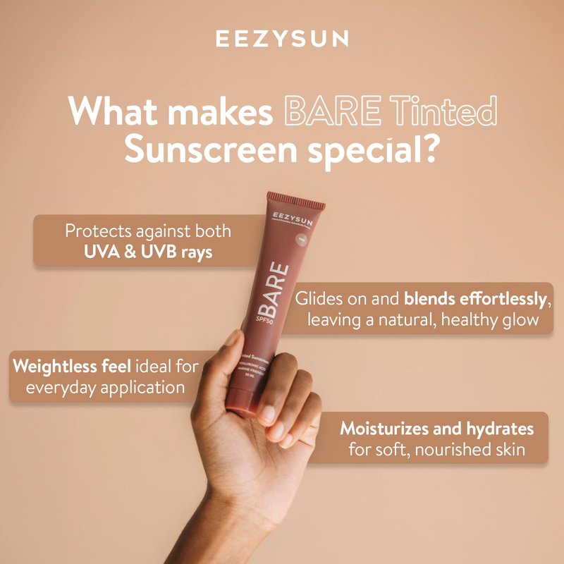 EEZYSUN BARE Tinted Sunscreen for Face SPF 50 - Non-Greasy, Weightless, Water-Resistant, Vegan & Reef-Safe Tinted Moisturizer with SPF, Hyaluronic Acid, Jojoba Oil - All Skin Types, 1.69 fl oz - Tan