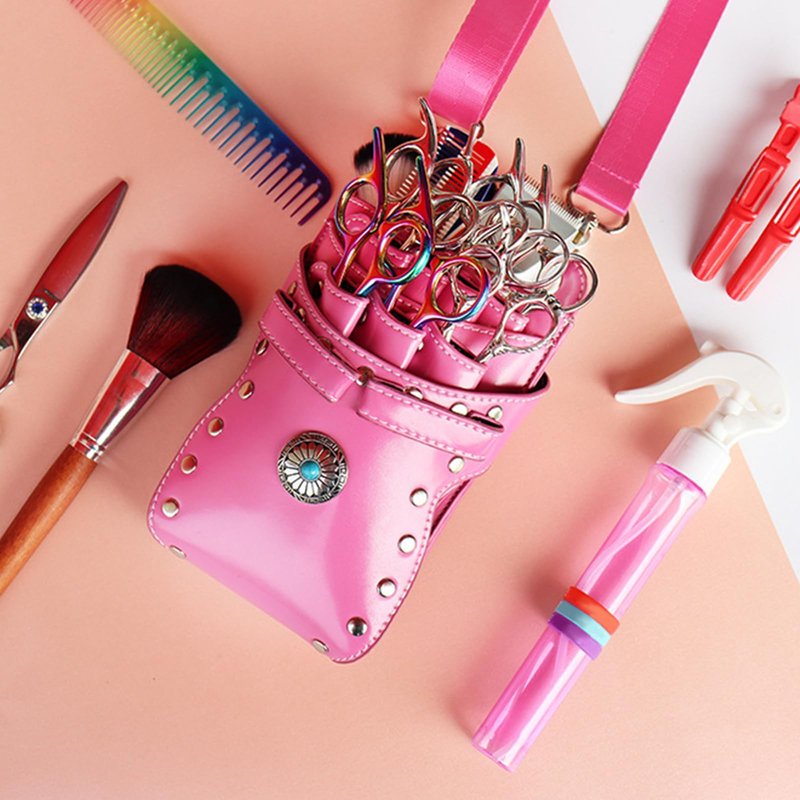 Hairdresser Waist Bag Shear Holder, 7-Slot Hairstylist PU Leather Barber Scissors Holster Pouch Tool Bag, Detachable Hair Cutting Organizer for Combs, Clippers, Spray Bottles (Pink)