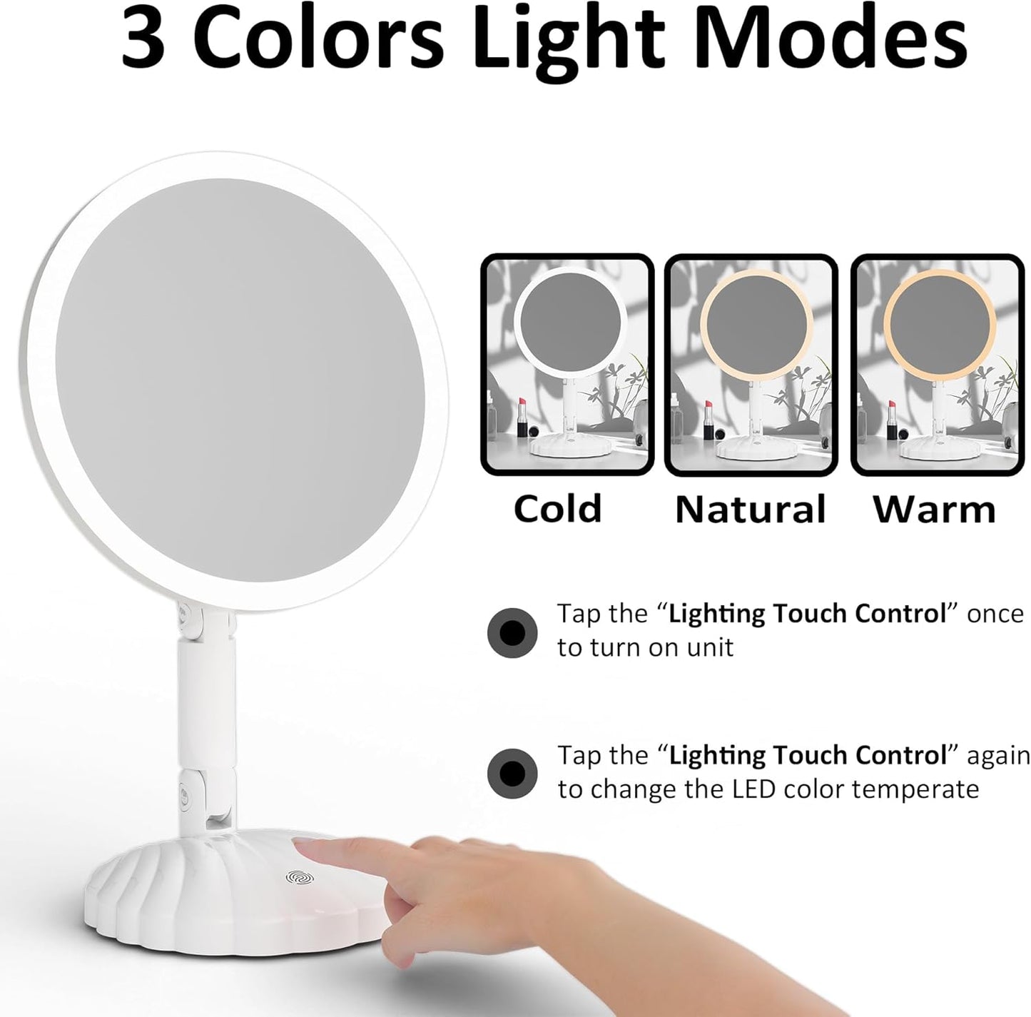 Portable Travel Vanity Mirror with Lights - Interchangeable Design & 1/15X Magnification | Stepless Adjustable Brightness, 3 Color Modes