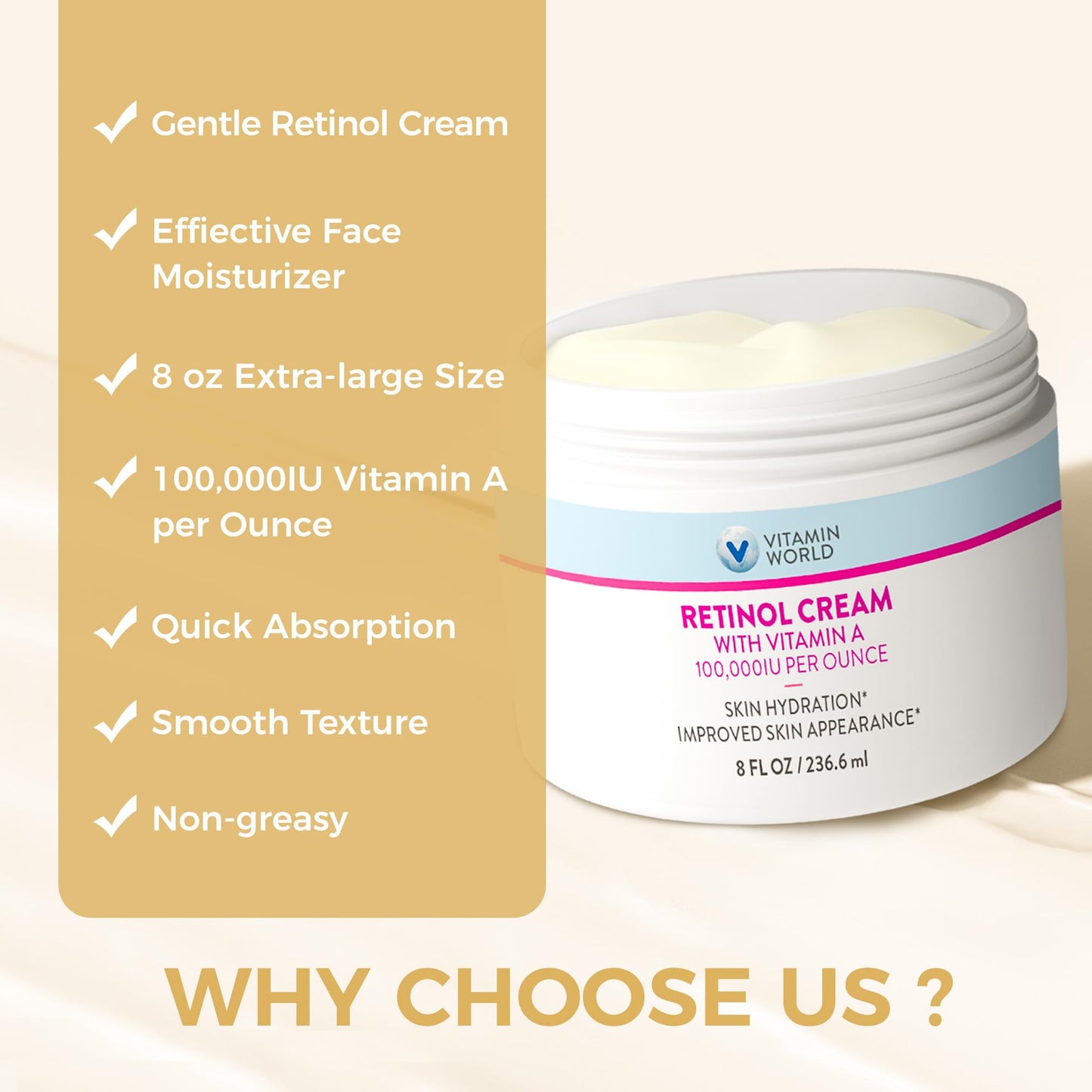 Vitamin World Retinol Cream 100,000 IU 8 oz., Gentle Retinol Night Cream for Face with Retinyl Palmitate & Dual Vitamin E & Coconut Oil, Face Moisturizer, Anti-Aging Wrinkle Cream