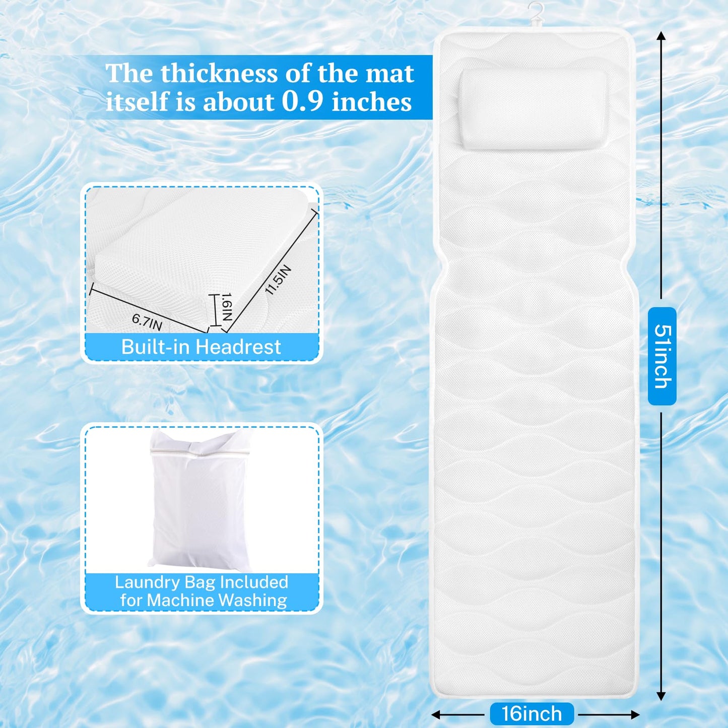 TranquilRelax Bath Pillow for Tub with Laundry Bag & 17 Non-Slip Suction Cups, Extra Thick and Soft Bathtub Pillow for Head, Neck & Shoulder Support, 51" x 16" White