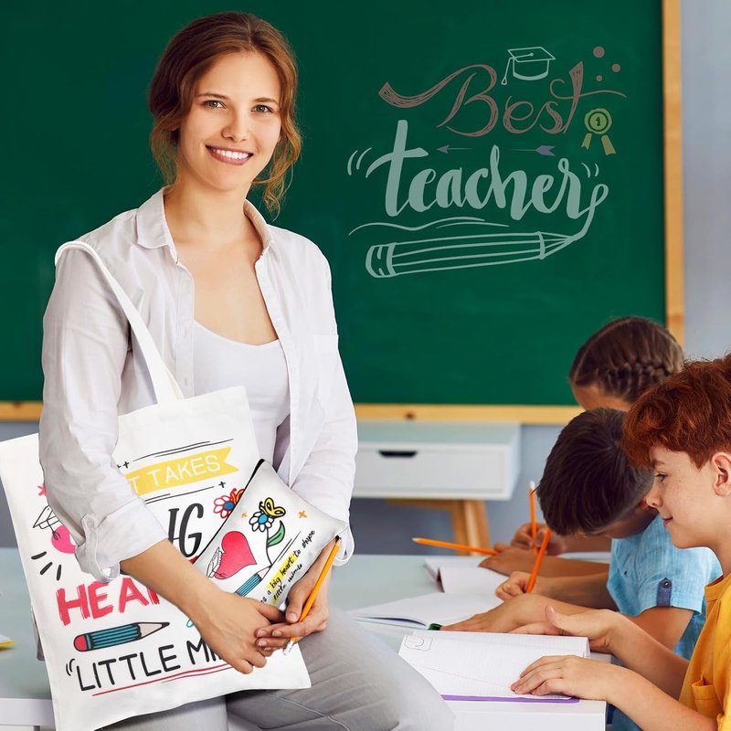 Teacher Appreciation Gift - 12 Pcs Canvas Tote & Makeup Bag Set | Perfect Thank You Gift for Women