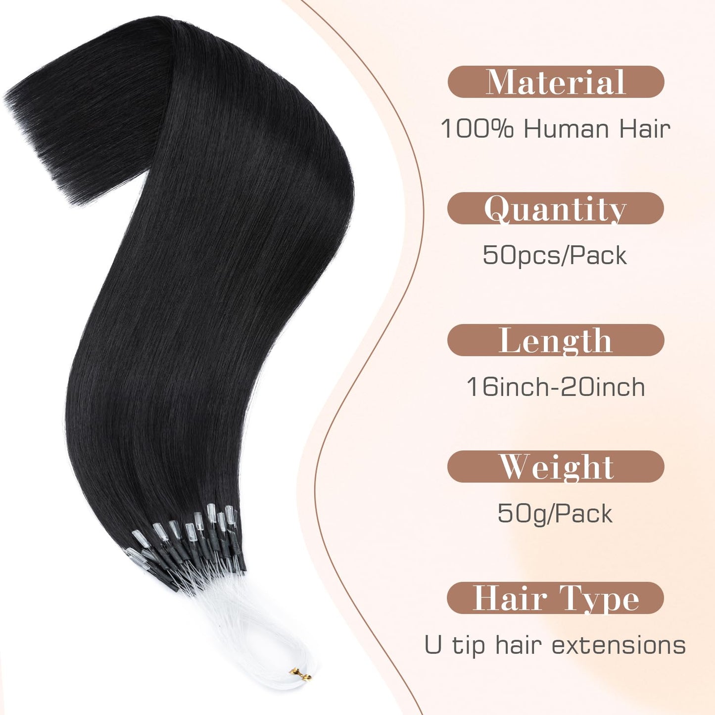 S-noilite Micro Link U Tip Hair Extensions Human Hair Jet Black K Tips Hair Extensions Human Hair Keratin U Tip Hair Extensions Straight 18 Inch 50 Strands 50g
