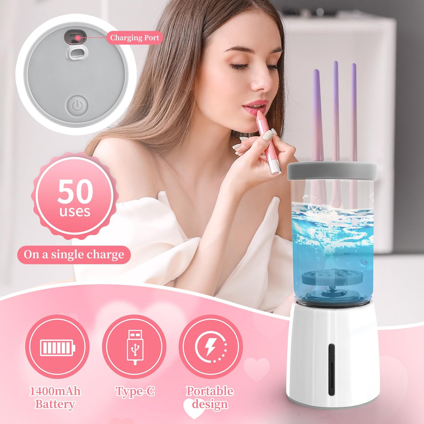 Electric Makeup Brush Cleaner Machine, Rechargeable Wireless Cosmetic Brushes Cleanser, Automatic Spinning Makeup Brush Washing Cleaner For All Size Makeup Brush and Sponges (White)