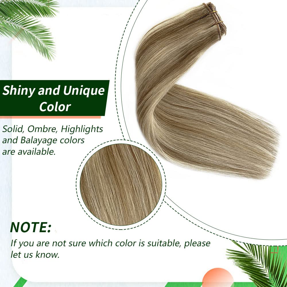 Sew In Real Human Hair Blonde Highlights Weft Extensions - Remy Hair Ash Brown Mix Platinum Blonde Hand Tied Weft - 14inch 80g