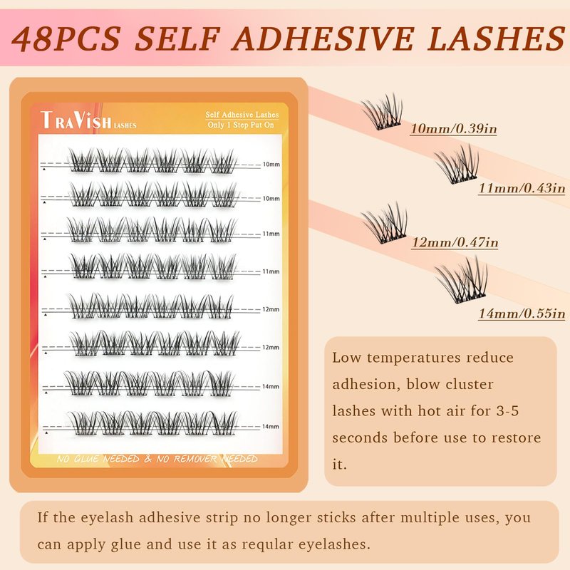 Travish D Curl Self Adhesive Lash Clusters 48Pcs 10-14mm, Natural Wispy Volume Press On Lashes No Glue DIY Eyelash Extensions with Tweezers