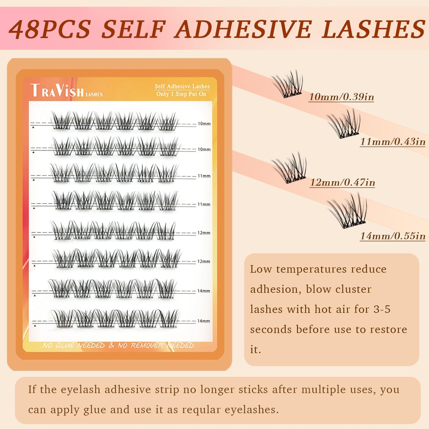 Travish D Curl Self Adhesive Lash Clusters 48Pcs 10-14mm, Natural Wispy Volume Press On Lashes No Glue DIY Eyelash Extensions with Tweezers