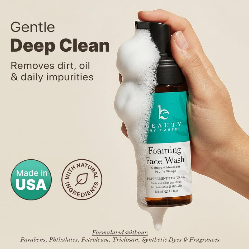 Beauty by Earth Foaming Face Wash Cleanser – Natural & Organic Ingredients, Vegan Facial Wash, Gentle Daily Cleanser for Sensitive, Oily & Acne Prone Skin, Made in USA
