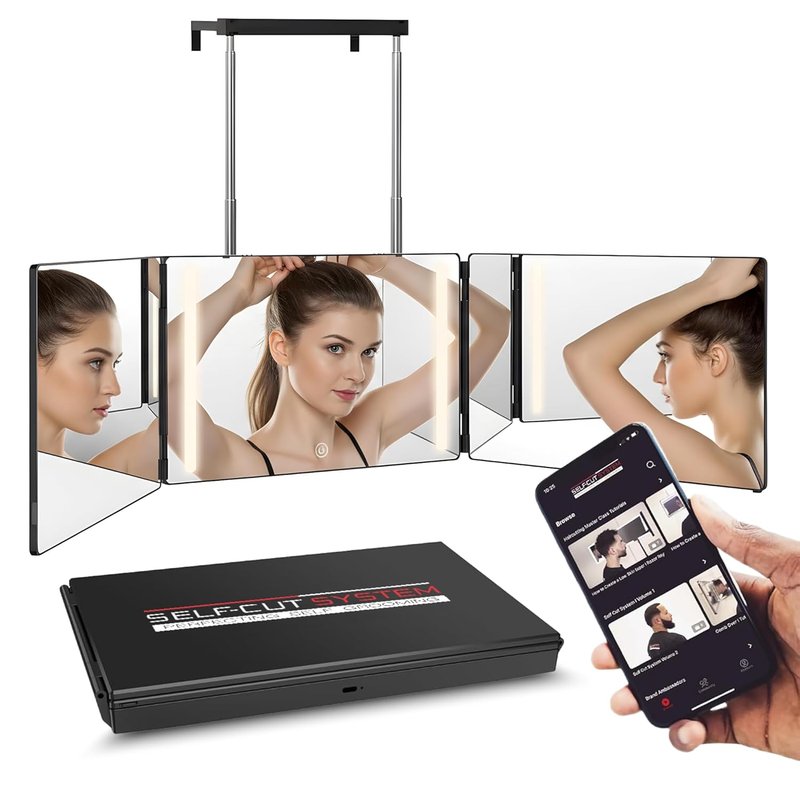 Self-Cut System 3-Way Mirror with LED Lights - 360° Trifold Design for Men & Women | Impact-Resistant, Fits Standard Door, 14” L x 1” W - Black