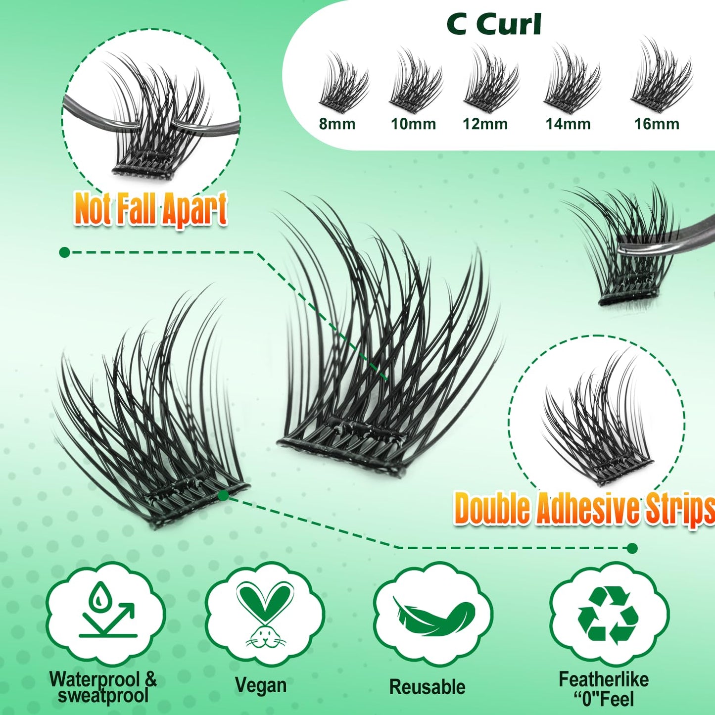 Lash Clusters 240 Pcs, Self Adhesive Lash Clusters No Glue Needed, Fluffy Cluster Lashes 8–16mm DIY Lash Extensions for Soft Volume Look with Tweezers