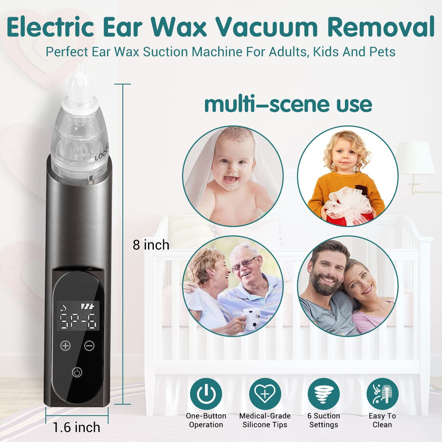 HIQUAY Ear Wax Vacuum Removal Tool, 6 Gear Strong Suction Electric Ear Cleaner Ear Vacuum Wax Remover, USB Charge Earwax Removal Kit Reusable Soft Silicone Ear Cleaning Kit Water Remover Tool (Black)