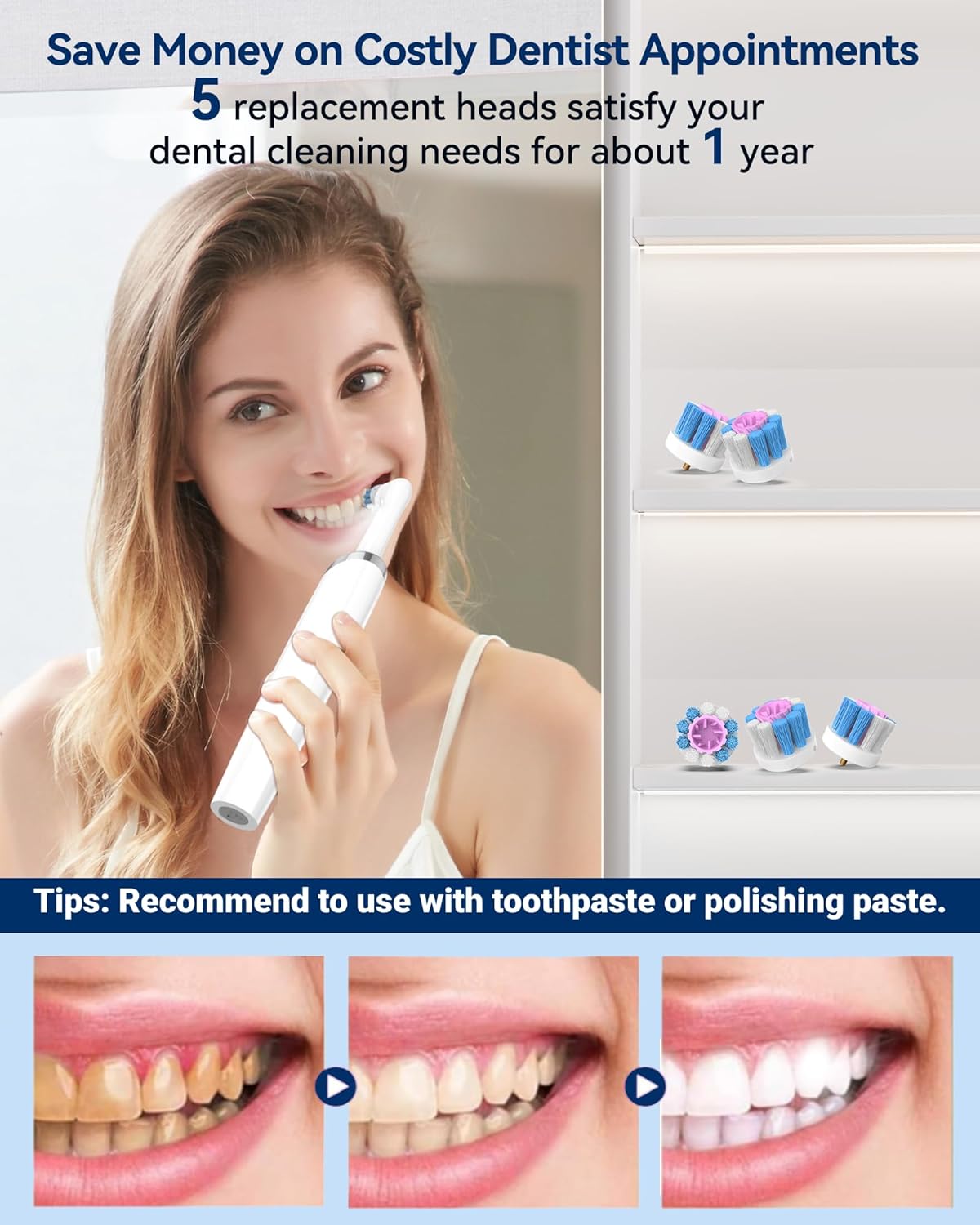 Tooth Polisher Kit - Rechargeable Teeth Whitening System with 5 Replacement Brush Heads & 3 Polish Pastes | Dental Care Tools