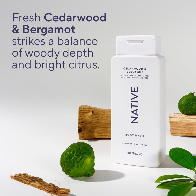 Native Cedarwood & Bergamot Scent 24-Hr Refreshing Clean Body Wash for Men & Women, for All Skin Types Incl. Sensitive, Leaves Skin Feeling Clean & Soft, Free of Phthalates, Sulfates & Parabens, 18 oz