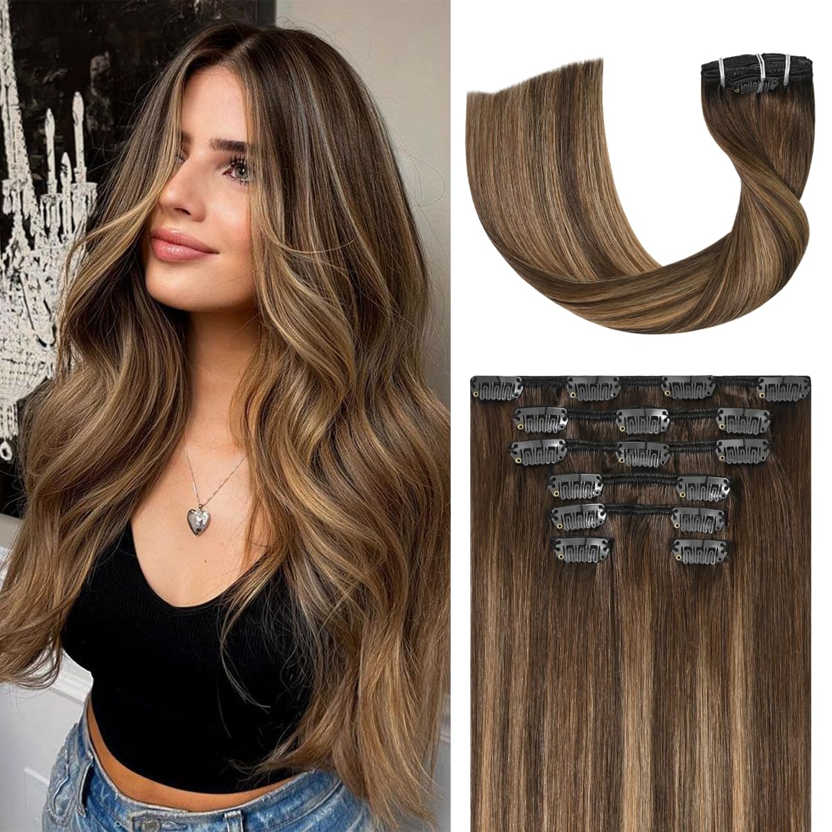 UGOTRAYS Balayage Hair Extensions Real Human Hair, Ombre Medium Brown Fading to Caramel Blonde 12 inches 70g Highlights 100% Human Hair Natural Straight Woman Beauty Clip ins #4/27/4