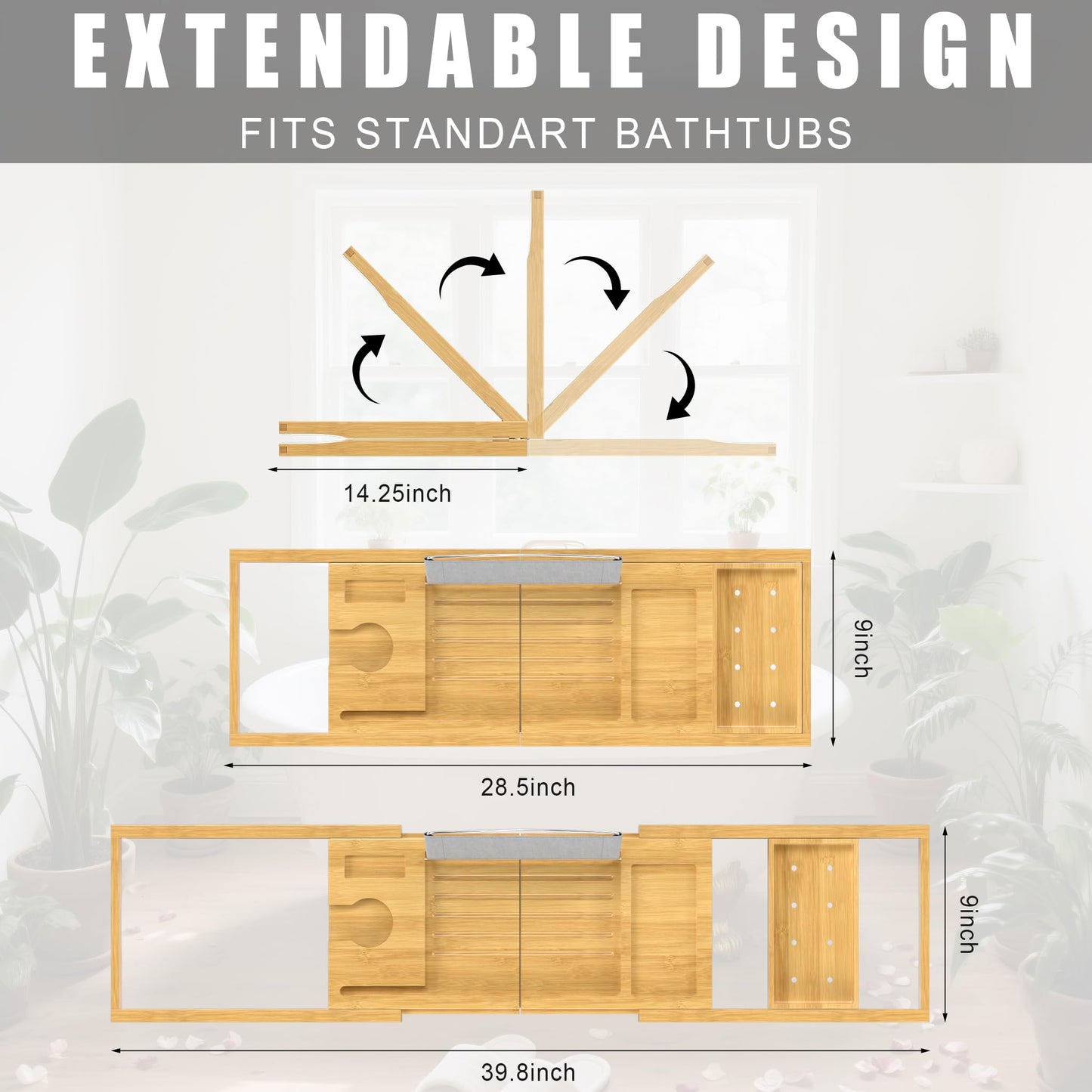 Bamboo Bathtub Tray Caddy, Foldable Bath Tray for Tub