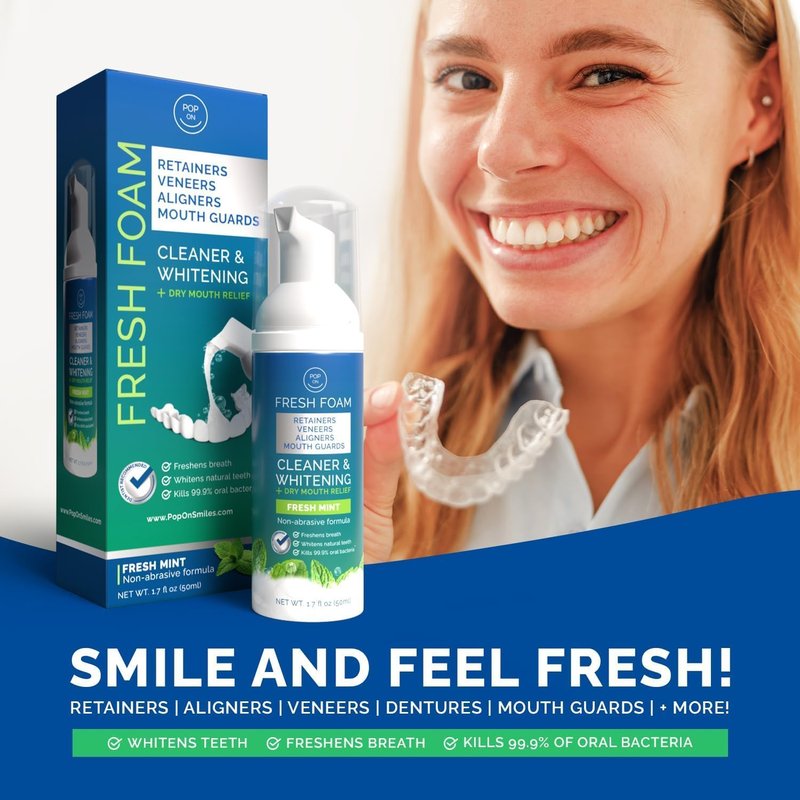 Aligner & Retainer Cleaner Foam – Dry Mouth Relief, Compatible with Invisalign, Aligners, Retainers, Mouth Guards, Night Guards, Veneers, Whitens, Freshens, 3% Hydrogen Peroxide, Mint - 50ml, 2 PC