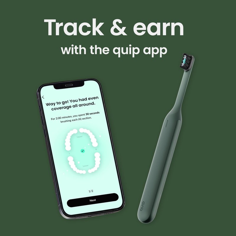 Quip Ultra Next Generation Smart Sonic Toothbrush - Timed Electric Toothbrush for Adults - Replaceable Brush Head, Soft Bristles, Silicone Handle, 30-Day Battery Life, Travel Case - Moss Green