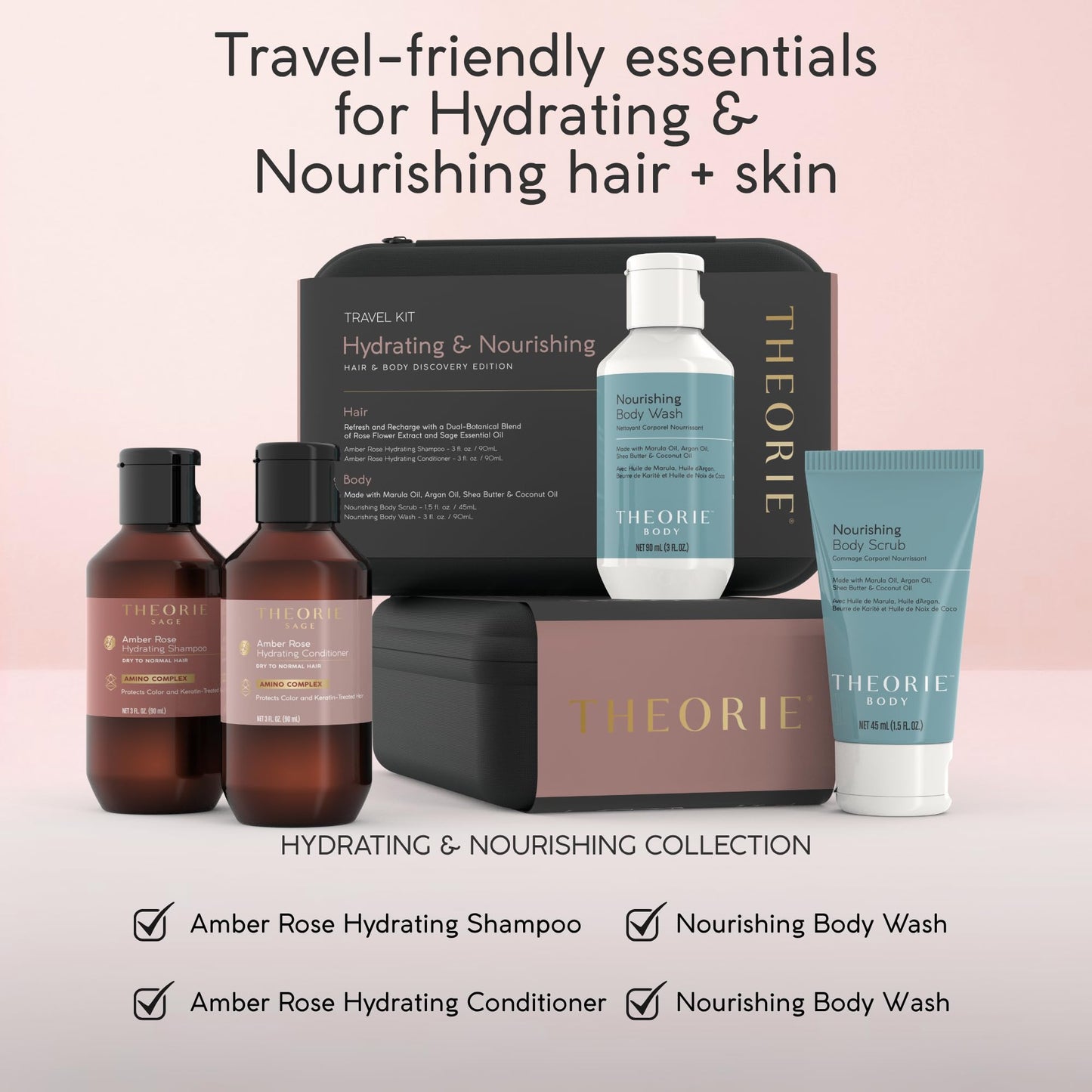 THEORIE Hydrating & Nourishing Travel Kit – Amber Rose & Nourishing Collection | Shampoo, Conditioner, Body Wash & Exfoliating Scrub | Clean Beauty for Hair & Skin