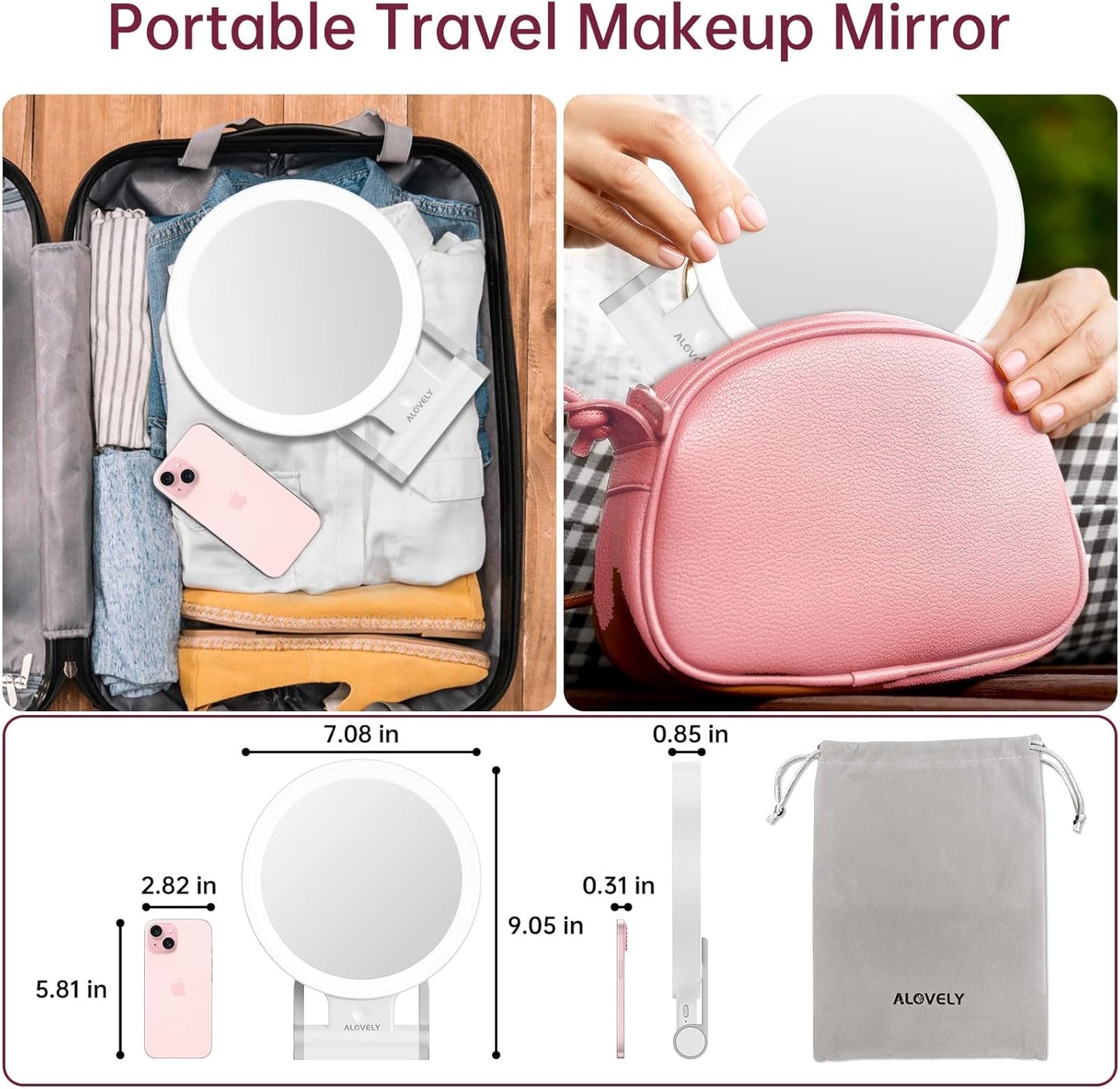 Travel Magnifying Mirror with Light - 1X/10X Magnification, Dimmable LED Vanity Mirror | Portable Round Design for Home Use