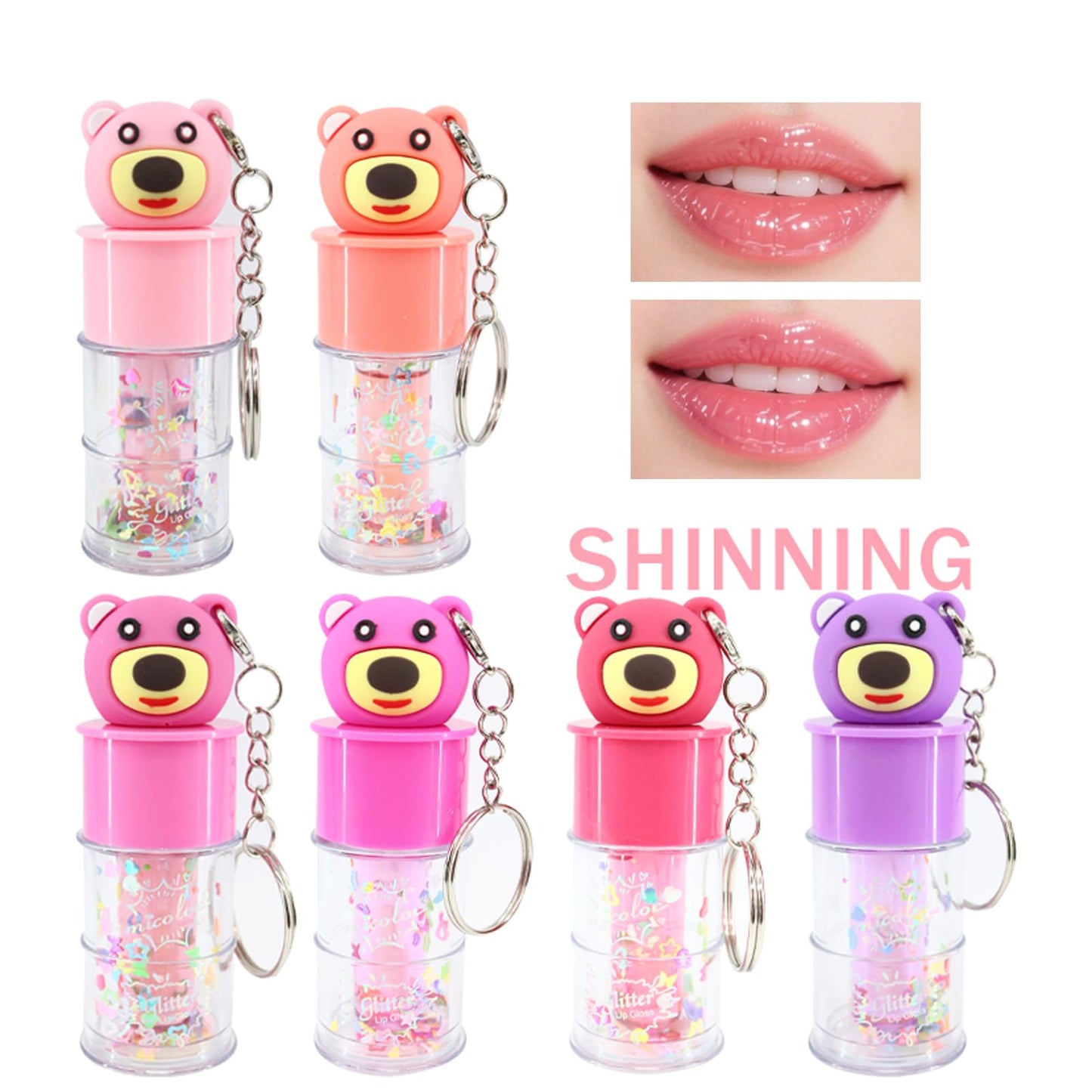 DENESTUP 6 Pcs Hydrating Lip Gloss Set, Shimmer Glossy Moisturizing Lip Jelly Sequins and Sparkles Lip Make-Up for Women Party Gift Cute Bear Keychain Design