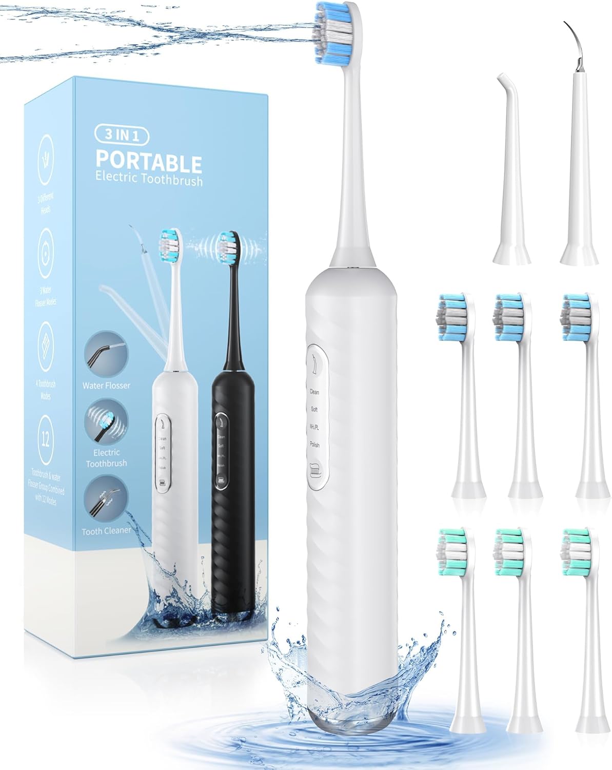 Electric Toothbrush & Water Flosser - 3-in-1 Teeth Cleaning Kit with 7 Modes | Portable for Travel & Home (White)