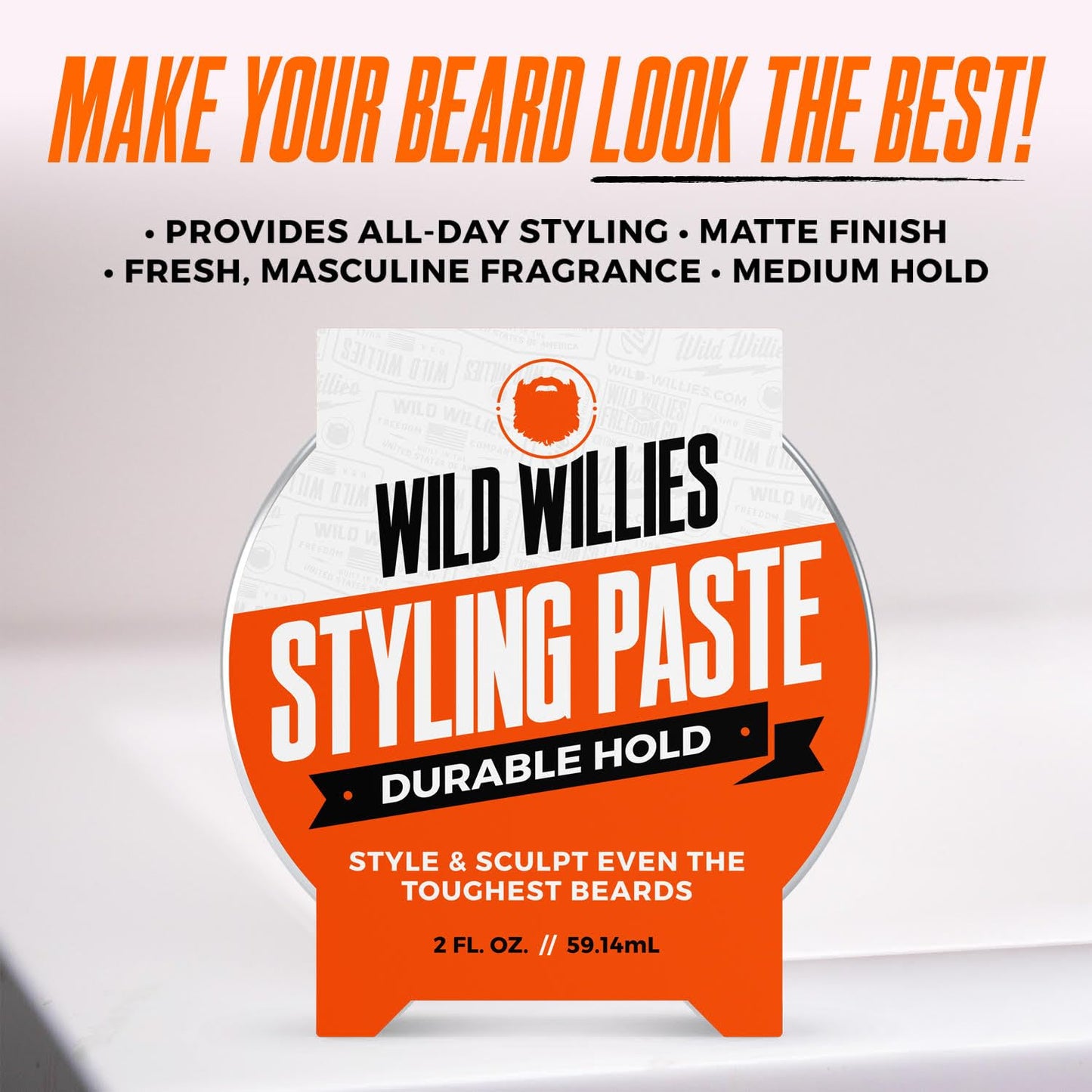 Wild Willies Beard Styling Paste - Men's Grooming Balm with Durable Medium Hold, Hydrates & Tames Flyaway Facial Hair - Non-Greasy, Matte Finish Beard Cream - Essential Beard Care for Men, 2 fl oz