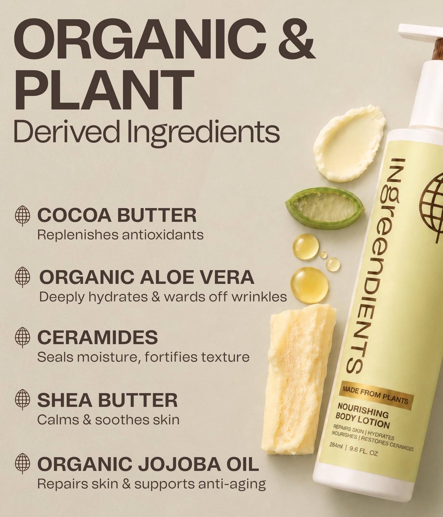 Ingreendients Hand & Body Lotion With Organic Cocoa Butter & Shea Butter - With Ceramides, Moisturizes and Rejuvenates Skin, Natural, Non Toxic, Vegan