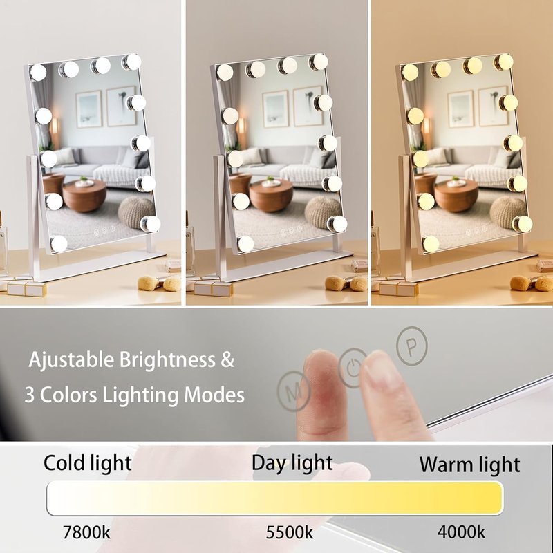 Hollywood Vanity Mirror - 12 Dimmable Bulbs, 3 Color Modes, 5X Magnification | Smart Touch Control, 360° Rotation (White)