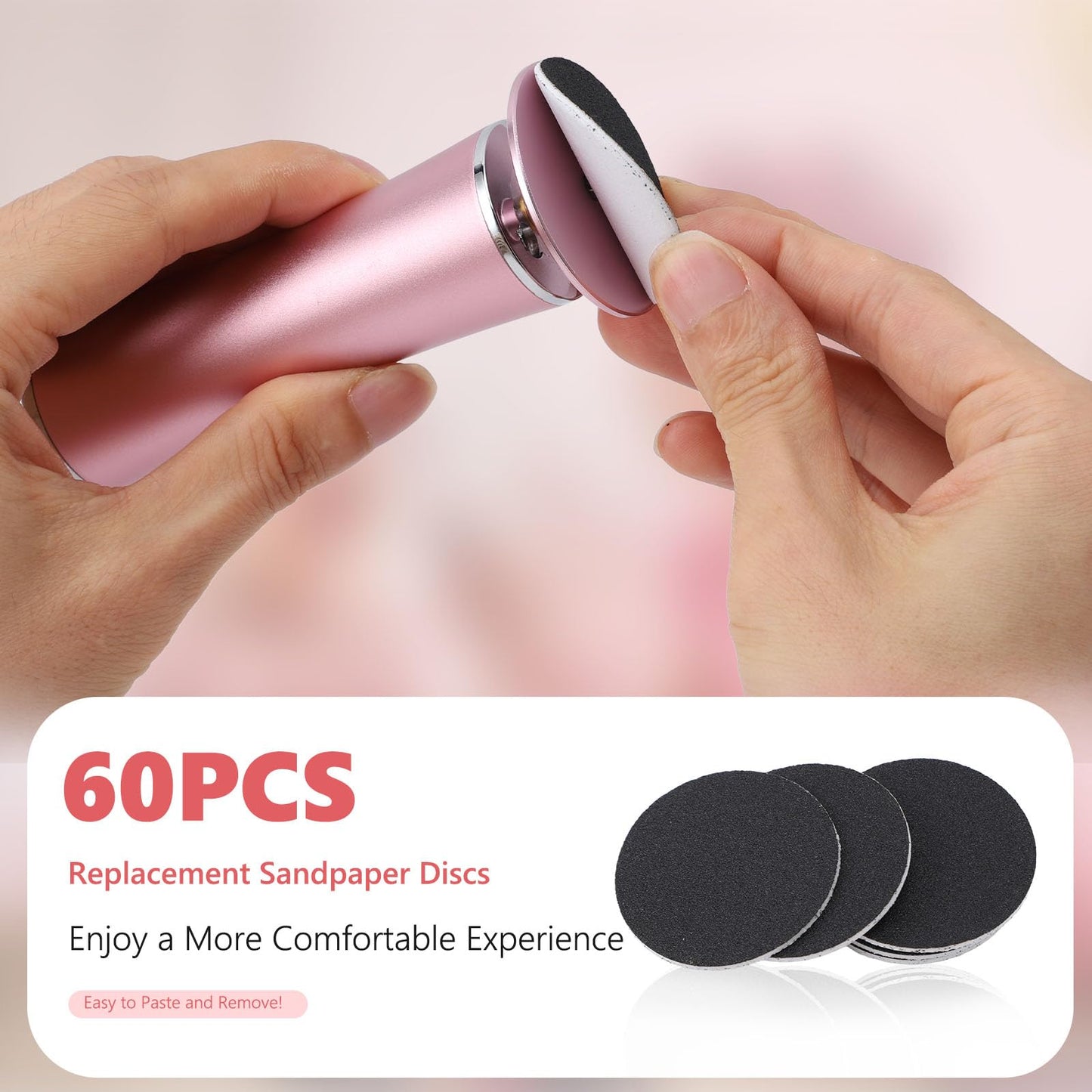 Electric Foot Callus File, Adjustable Speed Foot Grinder with 60pcs Reusable Sandpapers, Portable Foot Care Tool for Men & Women, Ideal for Home or Professional Pedicure Use (Pink)