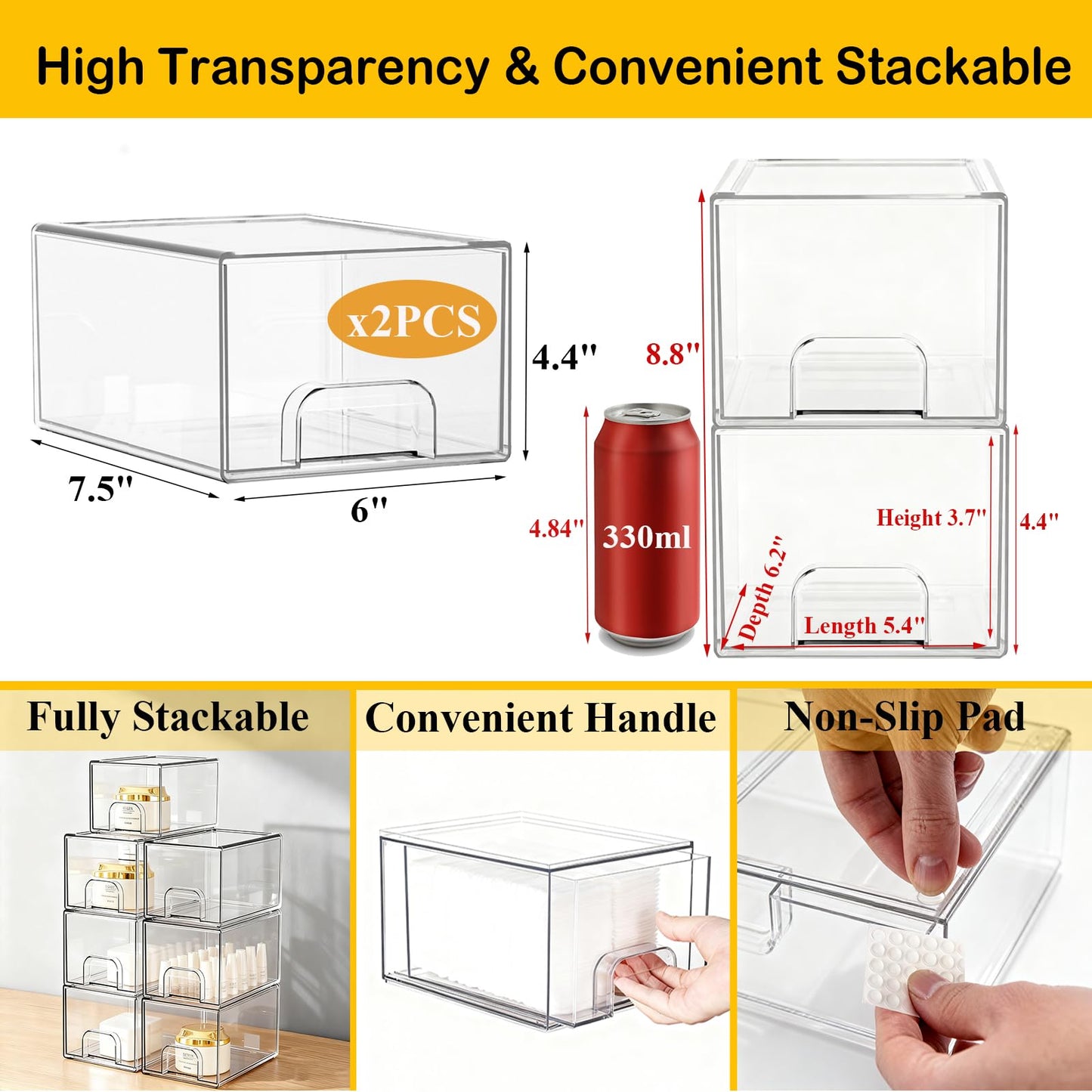 Qeosvve 6 Pack Clear Stackable Storage Drawers & Qtip Holder Dispenser with Bamboo Lids, Clear Plastic Storage Containers for Bathroom, Vanity, Undersink, Kitchen Cabinets, Pantry, Home Organization