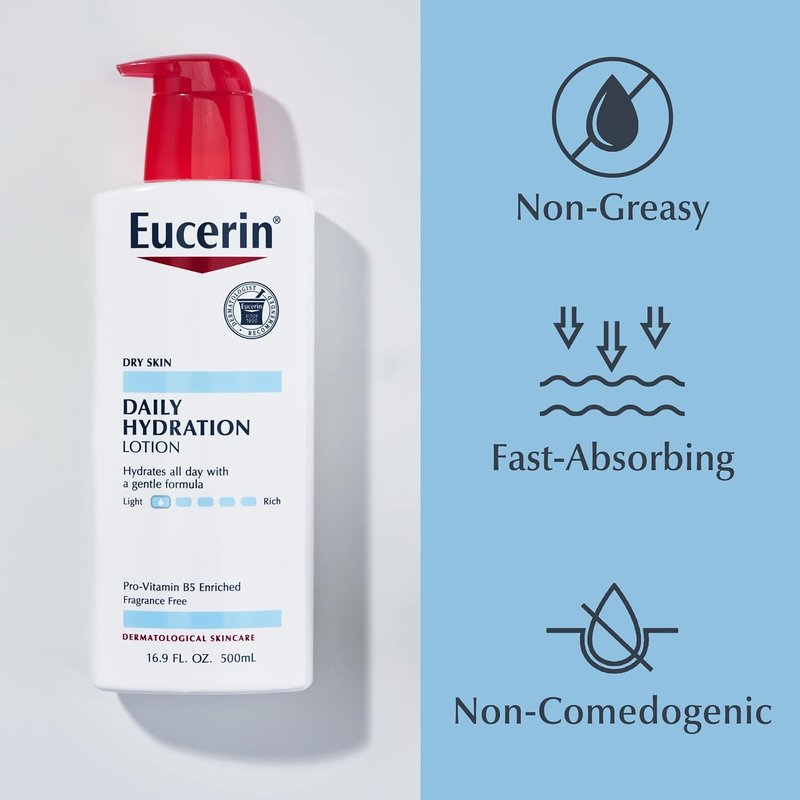 Eucerin Daily Hydration Body Lotion - Unscented Moisturizer with Sunflower Oil & Pro-Vitamin B5 | 16.9 Fl Oz, Pack of 3