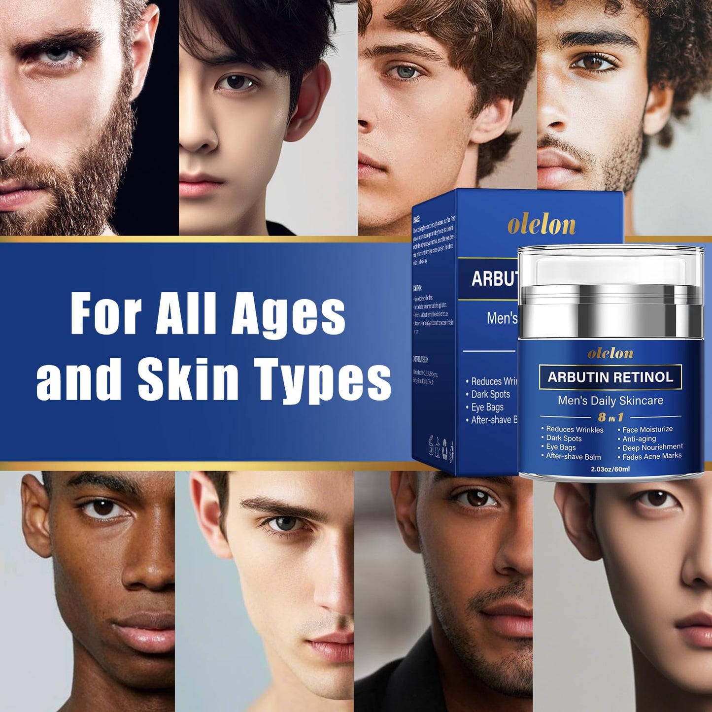 8-in-1 Face Cream for Men, mens face moisturizer with Alpha Arbutin, Retinol, Collagen and Hyaluronic Acid, Anti-Aging Face Cream for Men, Eye Bags Treatment & Wrinkle Cream 2.03oz