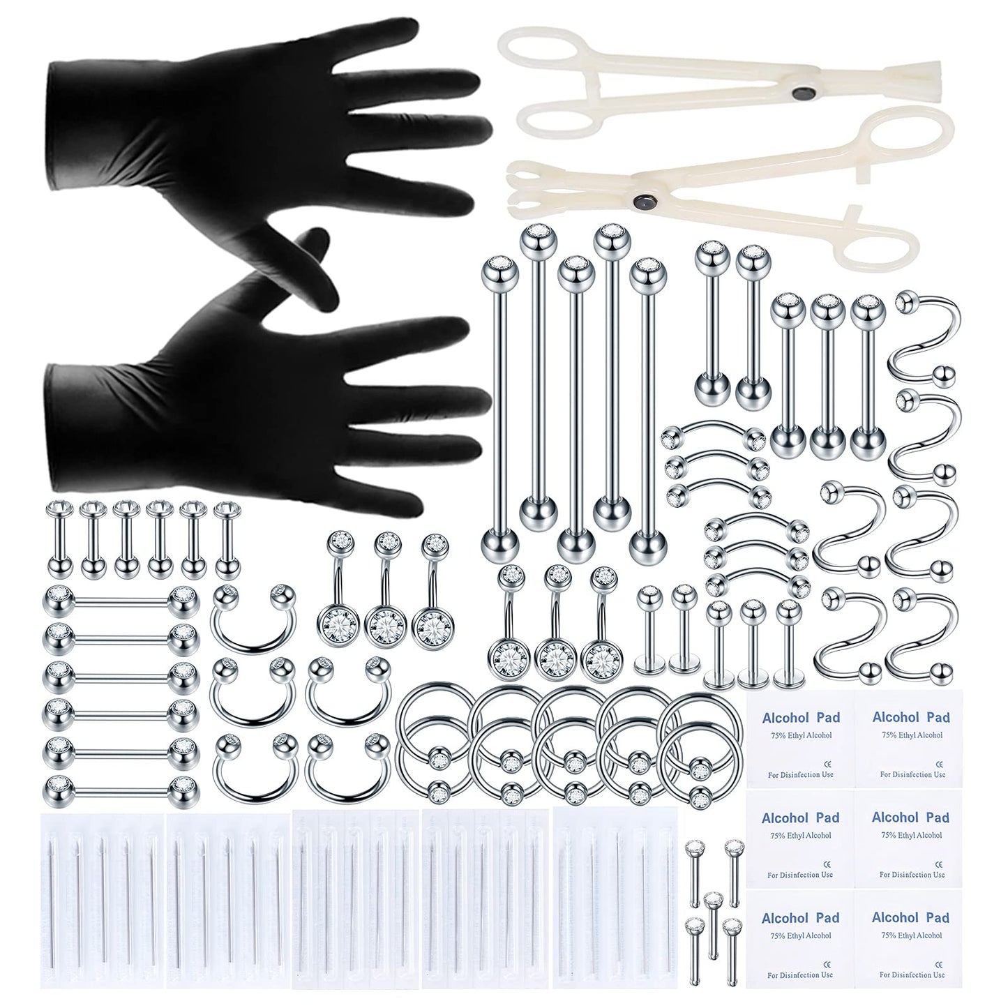 Oveta 100PCS Piercing Kit Stainless Steel 14G 16G 20G Nose Studs Lip Tongue Trague Cartilage Helix Daith Eyebrow Belly Button Ring Body Piercing Jewelry