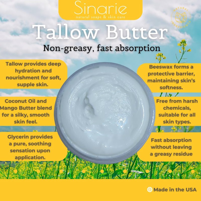 Sinarie Grass-Fed Beef Tallow Body Butter - Emulsified, Non-Greasy Moisturizer, 4 oz Soaps & Skin Care (4 oz., Unscented)
