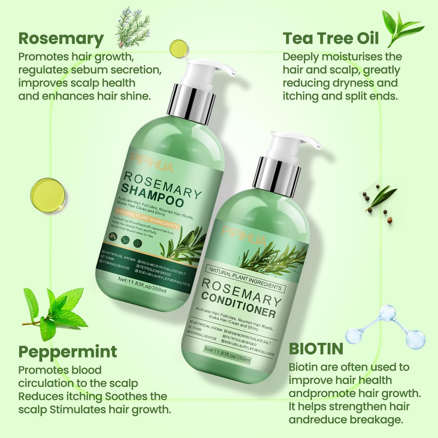 Rosemary Hair Growth Shampoo & Conditioner Set: Infused with Tea Tree Oil Mint Biotin - Cleanses and Helps Strengthen Weak and Brittle Hair - Promotes Hair Growth & Scalp Health for Men Women