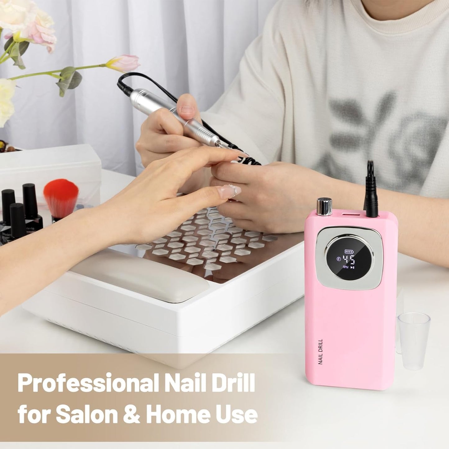 Rechargeable Electric Nail File - 45000RPM Portable Efile Nail Drill Kit for Acrylic Gel Nails | Cordless Pink Nail Drill for Salon & Home Use
