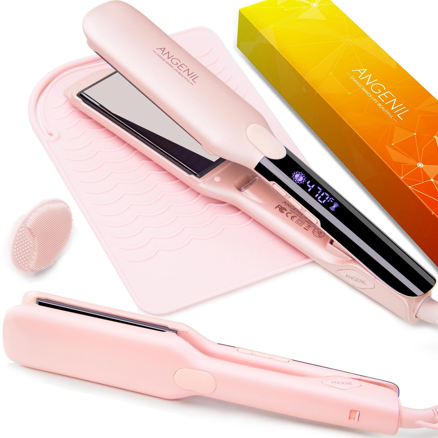 ANGENIL Pro Titanium Flat Iron Hair Straightener 1.75" Wide, Salon Grade Dual Voltage Straightening and Curler 2-in-1 with Heat Resistant Silicone Mat, Adjustable Temp, 15s Fast Heating