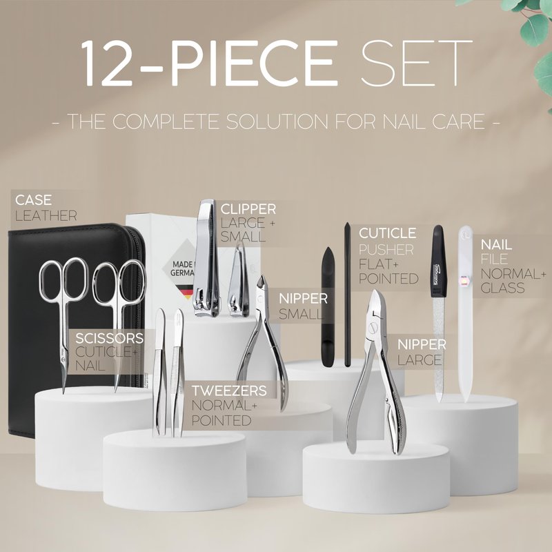 Manicure Set Women and Men – 12-Piece Professional Grooming Kit with Premium Tools, Genuine Leather Case, and exclusive Glass Nail File for Hand & Foot Care, German Quality