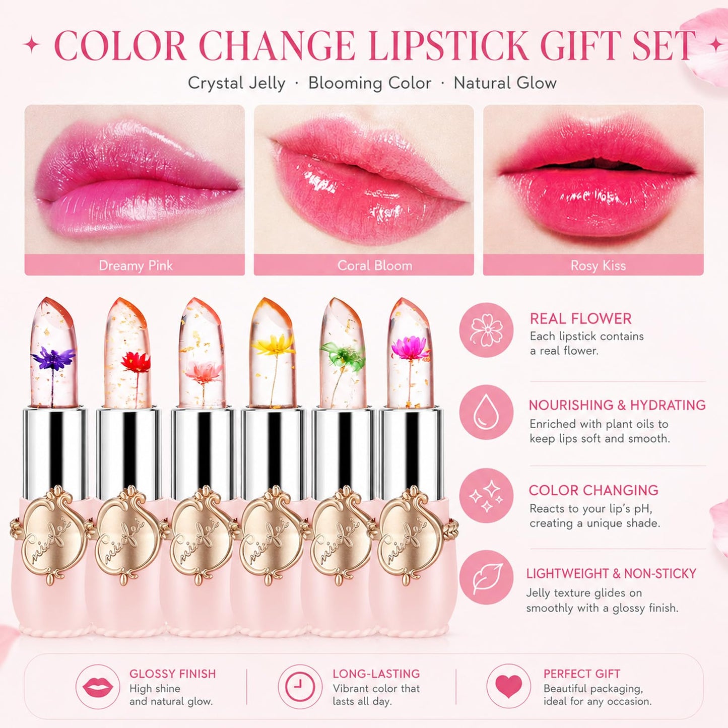 Pack of 6 Crystal Flower Jelly Lipstick, Long Lasting Nutritious Lip Balm Lips Moisturizer Magic Temperature Color Change Lip Gloss, Birthday Day Gifts, Bridesmaid Gifts, Bulk Gifts for Women(Pink)
