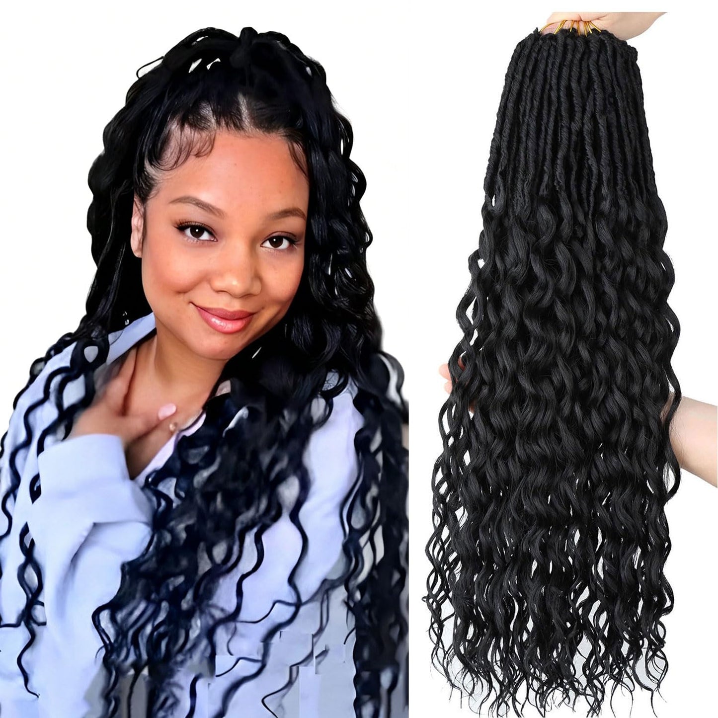 LYCSOU 24 Inch Faux Locs Crochet Hair 6 Packs Soft Goddess Locs Crochet Braids Deep Wave Pre Looped Crochet Hair Extensions for Black Women 1B